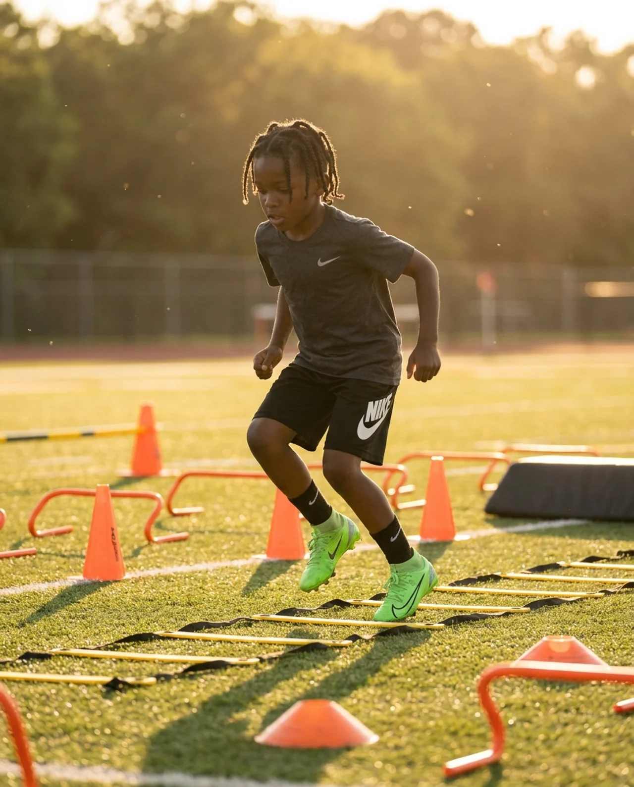 Young athlete sprinting through cones and hurdles at golden hour