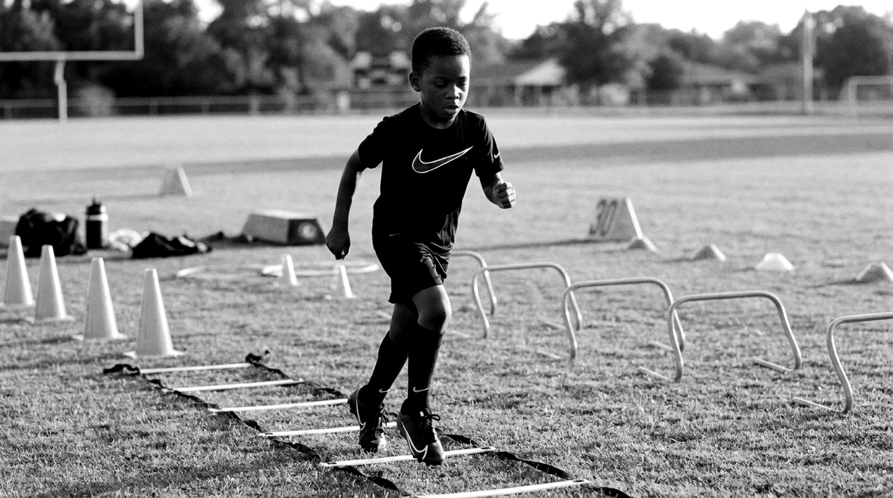 Young athlete moving through an agility ladder at practice